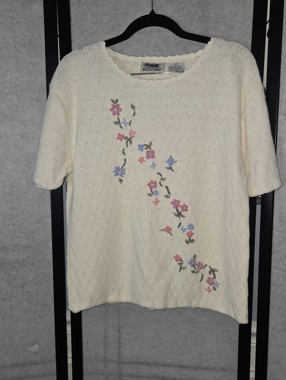 Vintage Northern Reflections Cream Cotton Knit Floral Sweater Embroidered Medium